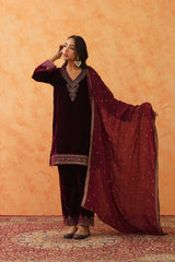 Safar Wine Velvet Embroidered Suit