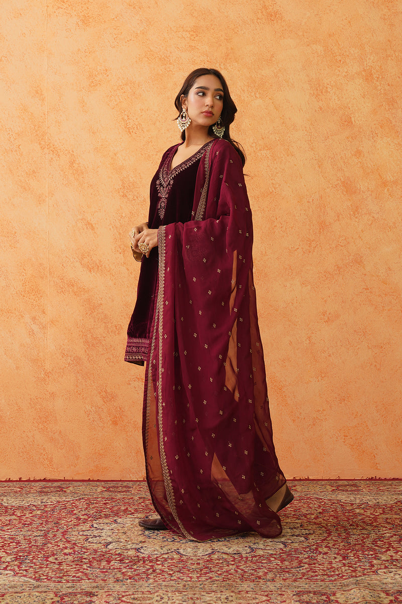 Safar Wine Velvet Embroidered Suit