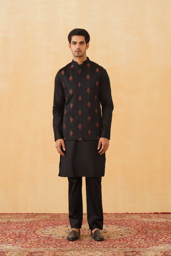 Black Embroidered Motif Jacket with Kurta & Pant- Inchingindia