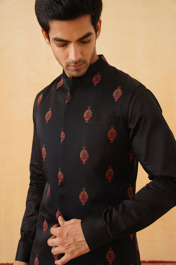 Black Embroidered Motif Jacket with Kurta & Pant- Inchingindia