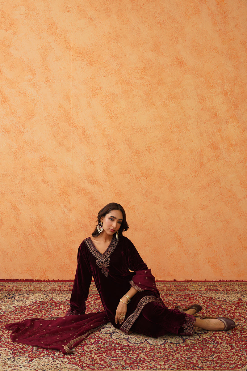 Safar Wine Velvet Embroidered Suit