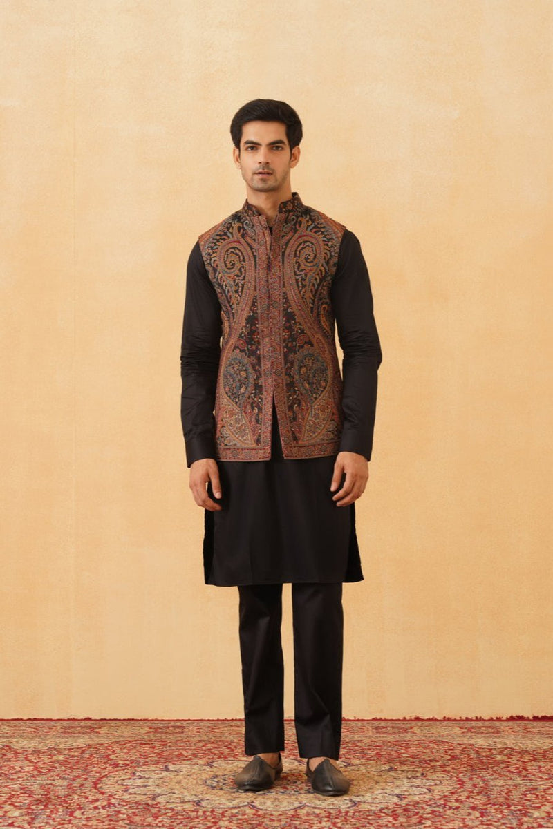 Black Kaani Jacquard Jacket with Kurta & Pant- Inchingindia