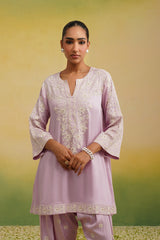 Front shot of  light pink Aari embroidered farshi salwar set, summer day 