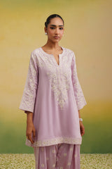 front light pink Aari embroidered farshi salwar set with dupatta