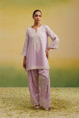 Full view of  light pink Aari embroidered farshi salwar set, light pink coords et