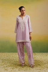full view of  light pink Aari embroidered farshi salwar set 