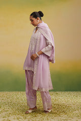 Side view of  light pink Aari embroidered farshi salwar set with dupatta