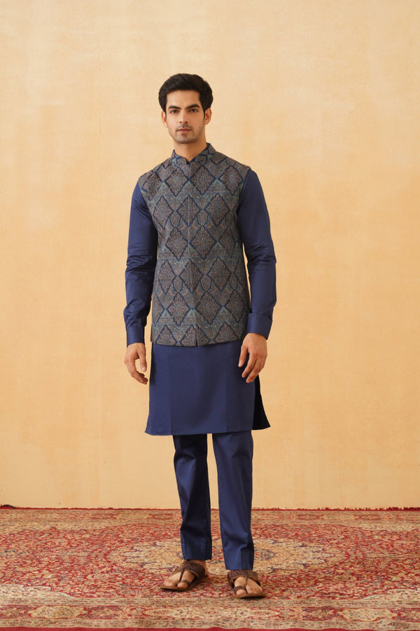 Blue Embroidered Paisley Jacket with Kurta & Pant- Inchingindia