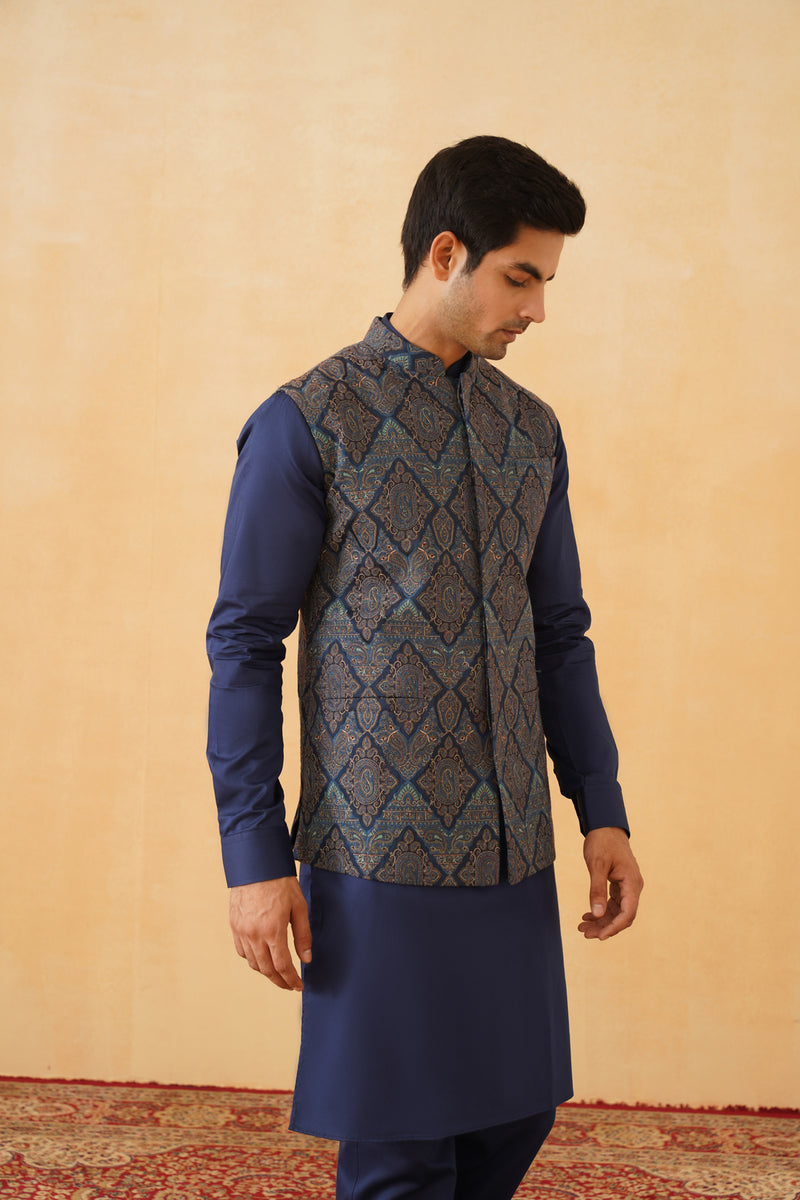 Blue Embroidered Paisley Jacket with Kurta & Pant- Inchingindia