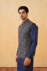 Blue Embroidered Paisley Jacket with Kurta & Pant- Inchingindia