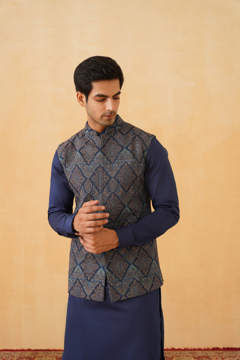 Blue Embroidered Paisley Jacket with Kurta & Pant- Inchingindia