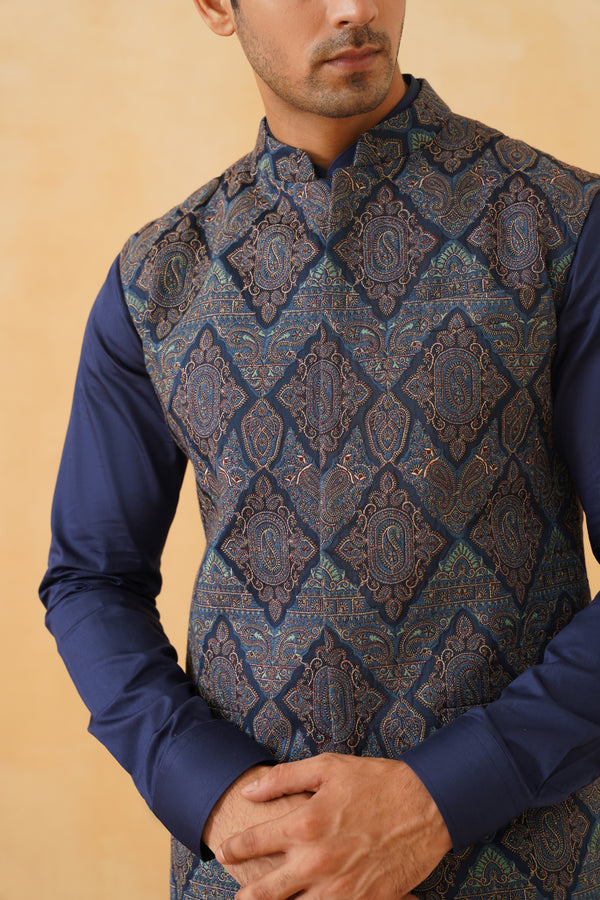 Blue Embroidered Paisley Jacket with Kurta & Pant- Inchingindia