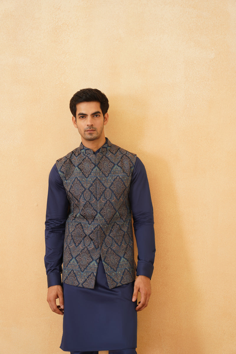 Blue Embroidered Paisley Jacket with Kurta & Pant- Inchingindia