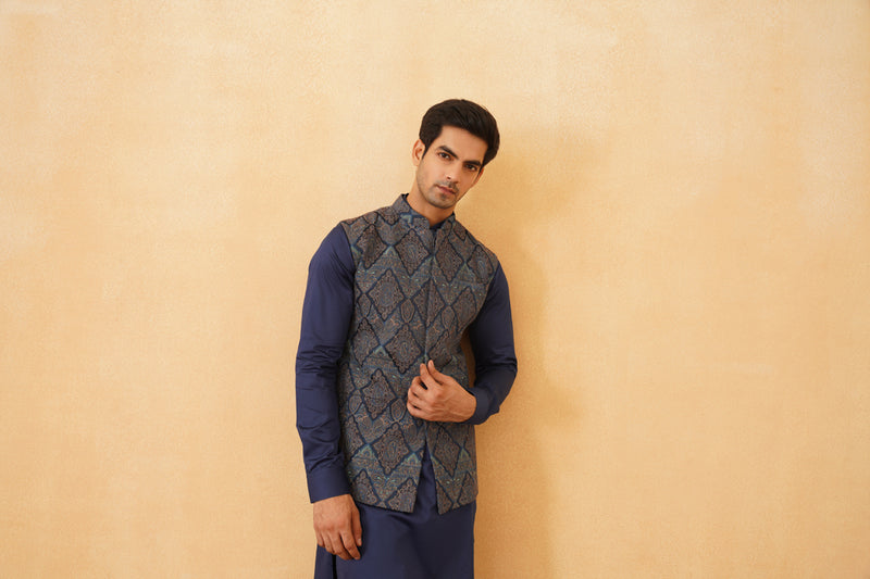 Blue Embroidered Paisley Jacket with Kurta & Pant- Inchingindia