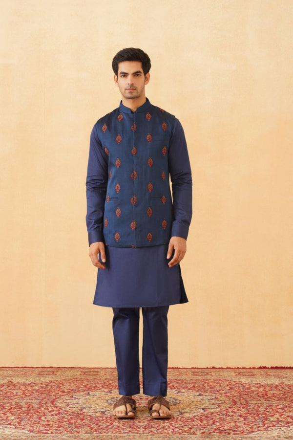 Blue Embroidered Motif Jacket with Kurta & Pant- Inchingindia