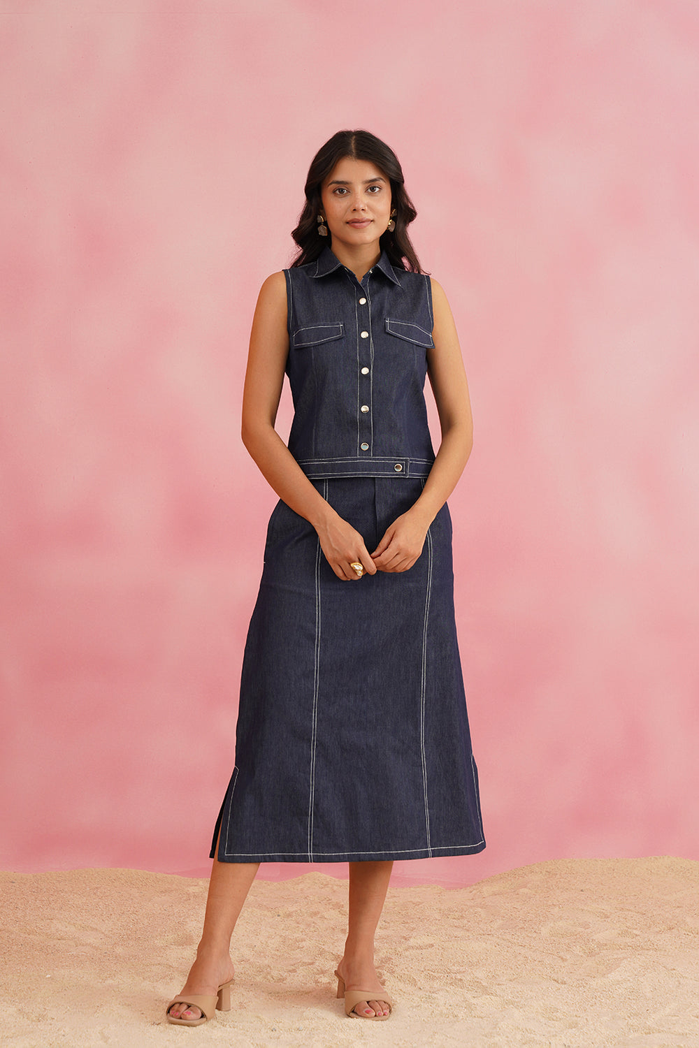 【Anyone more】[Shirt + Skirt set] BK BL Denim Stitch Set-Up DSC04405_1000x.jpg?v=1758482254
