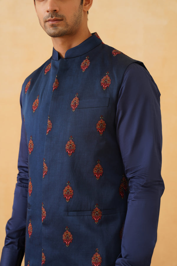 Blue Embroidered Motif Jacket with Kurta & Pant- Inchingindia