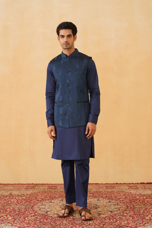 Blue Nehru Jacket and kurta with straight pants