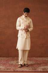 Cream Embroidered Self Jacket with Kurta & Pant- Inchingindia