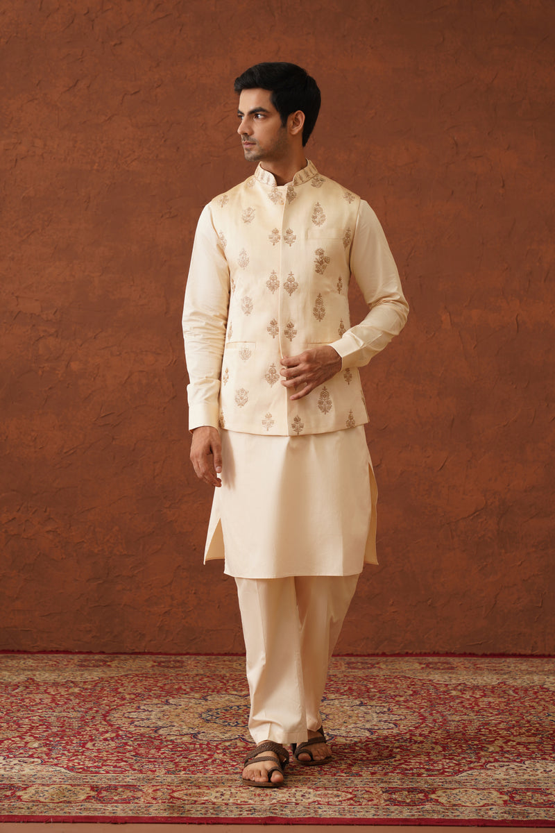 Cream Embroidered Self Jacket with Kurta & Pant- Inchingindia