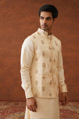 Cream Embroidered Self Jacket with Kurta & Pant- Inchingindia