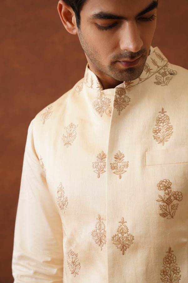 Cream Embroidered Self Jacket with Kurta & Pant- Inchingindia