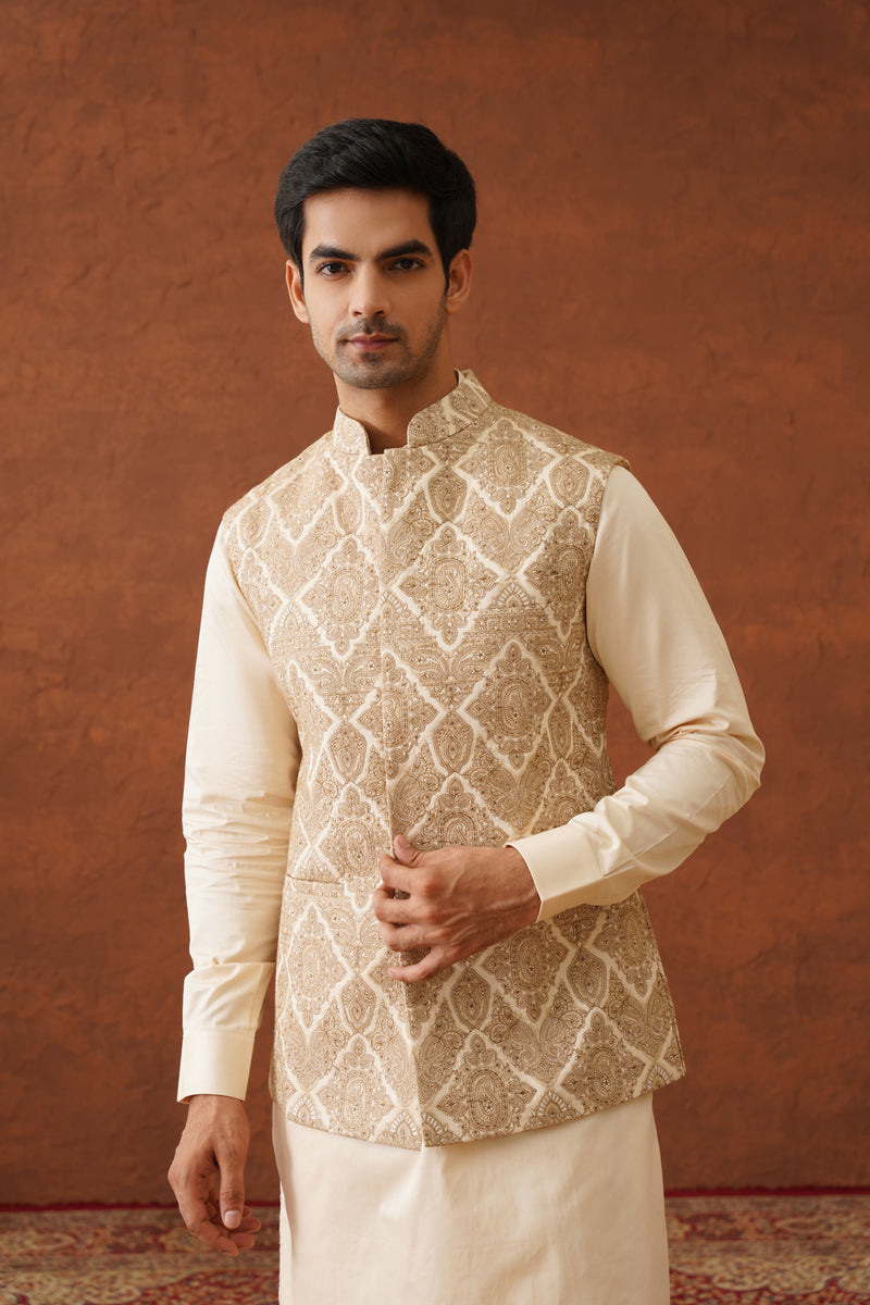 Cream Embroidered Paisley Jacket with Kurta & Pant- Inchingindia