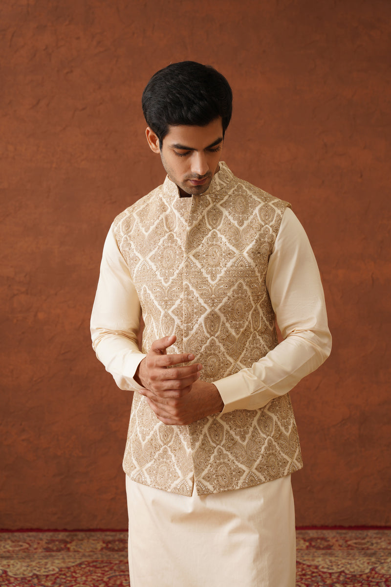 Cream Embroidered Paisley Jacket with Kurta & Pant- Inchingindia