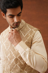 Cream Embroidered Paisley Jacket with Kurta & Pant- Inchingindia