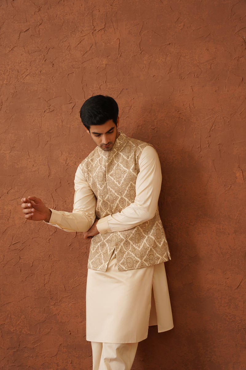 Cream Embroidered Paisley Jacket with Kurta & Pant- Inchingindia