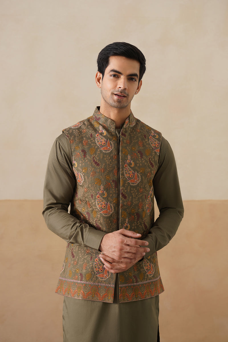 Olive Embroidered Paisley Jacket with Kurta & Pant
