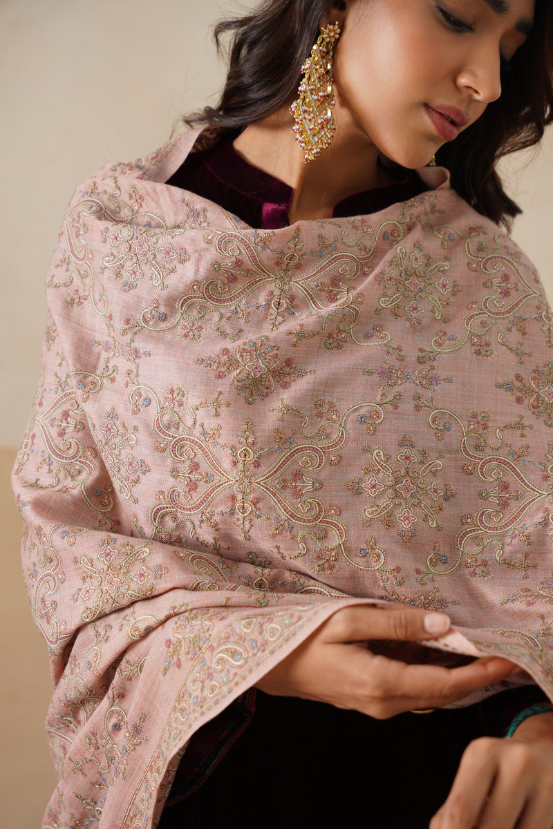Mélange Pastel Pink Paisley-Jaal Shawl For Women