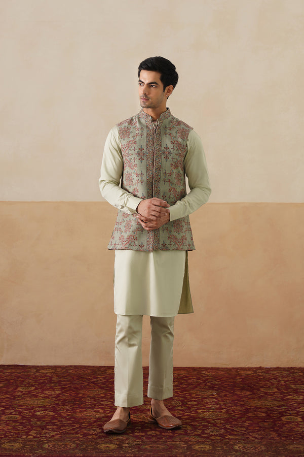 Mint Green Embroidered Jacket with Kurta & Pant
