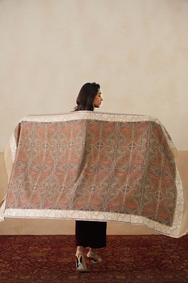 Darbar Parsi Border Pashmina Shawl  For Women (Beige)