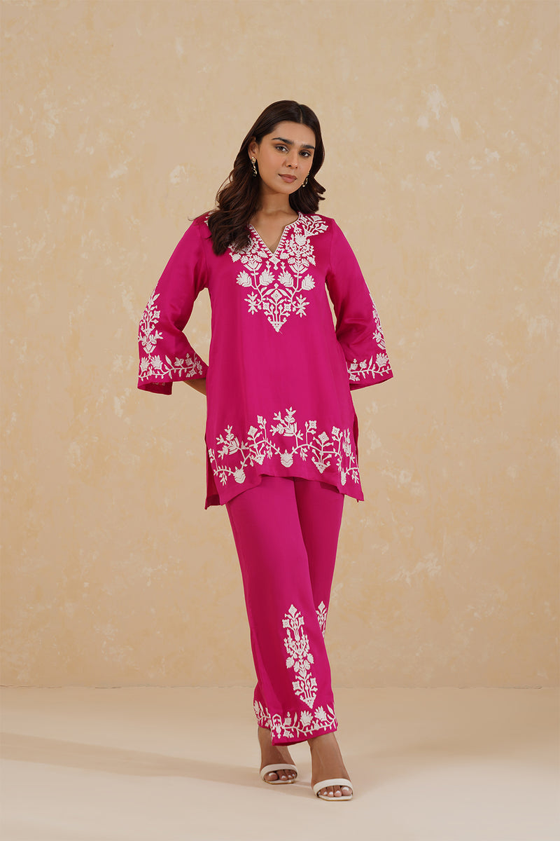 Hot Pink Contrast Embroidered Set- Inchingindia