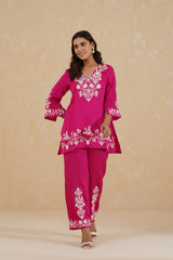 Hot Pink Contrast Embroidered Set- Inchingindia