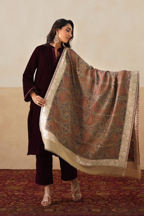 Darbar Parsi Border Pashmina Shawl  For Women (Beige)