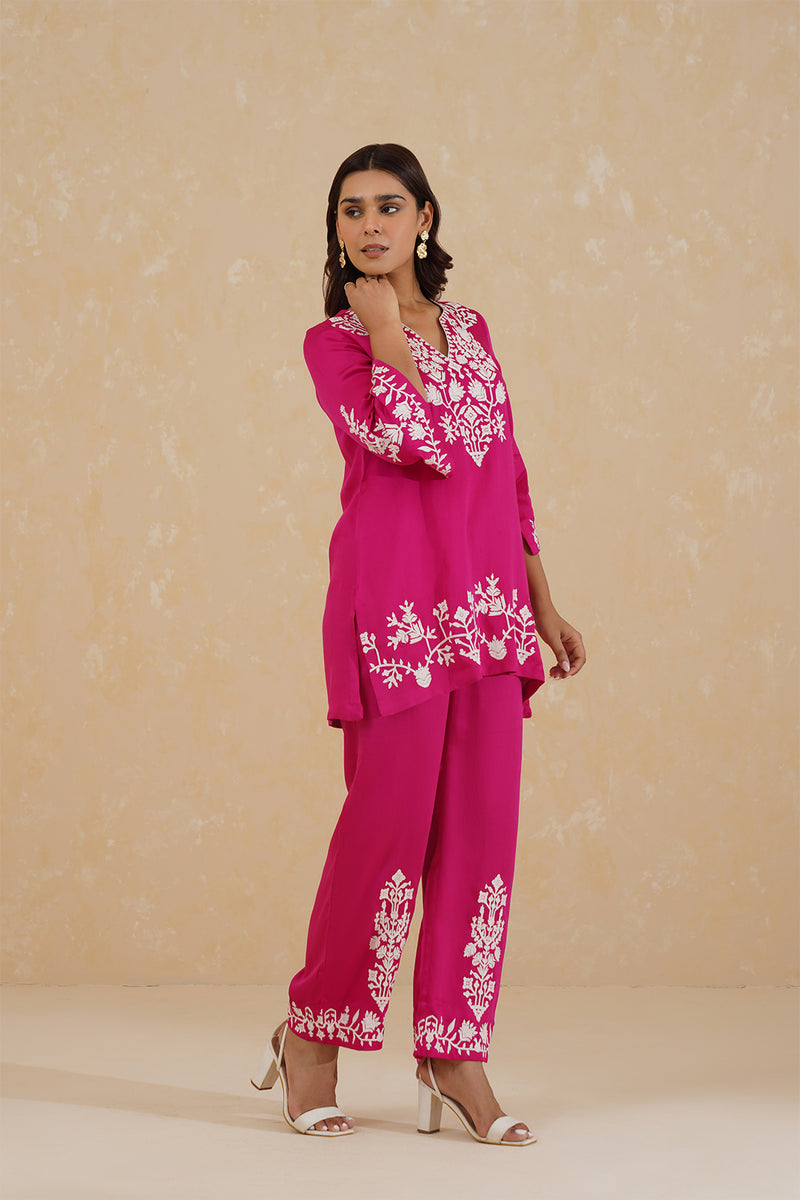 Hot Pink Contrast Embroidered Set- Inchingindia