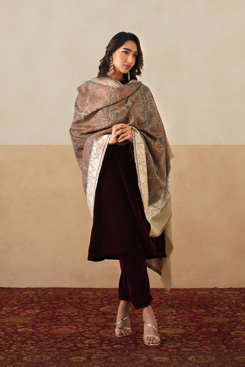 Darbar Parsi Border Pashmina Shawl  For Women (Beige)
