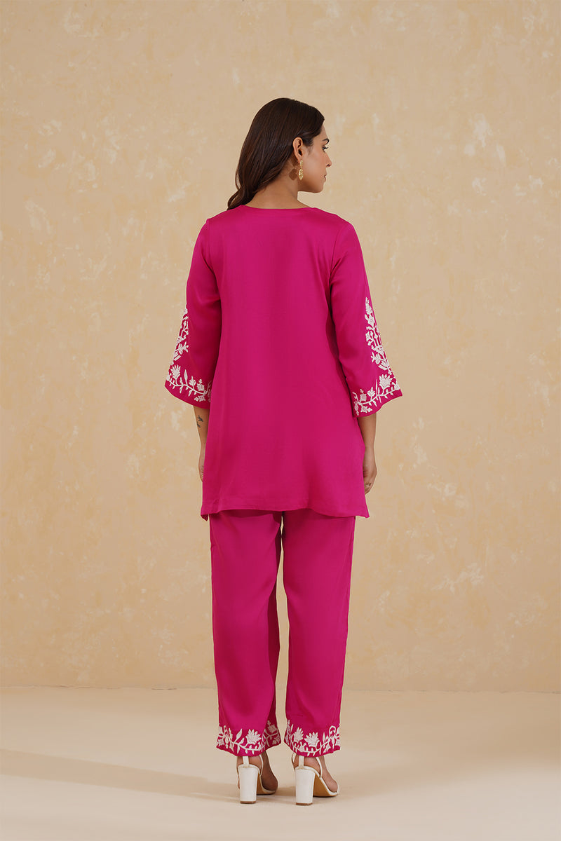 Hot Pink Contrast Embroidered Set- Inchingindia