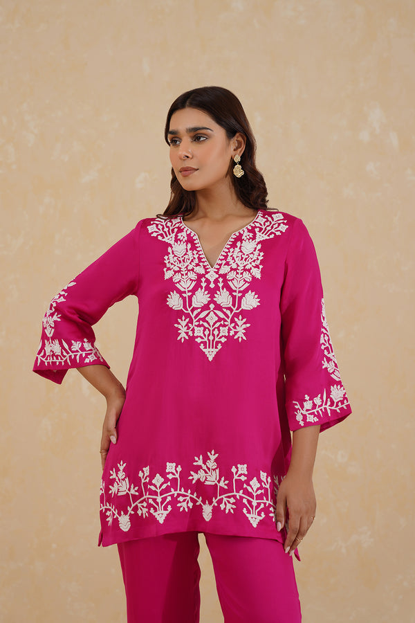Hot Pink Contrast Embroidered Set- Inchingindia