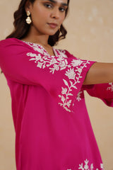 Hot Pink Contrast Embroidered Set- Inchingindia