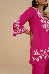 Hot Pink Contrast Embroidered Set- Inchingindia