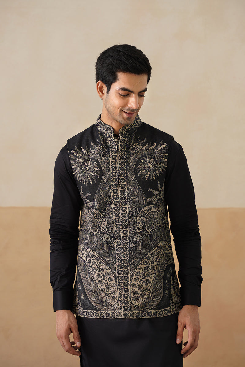 Meher Black Paisley Jacquard Jacket with Kurta & Pant