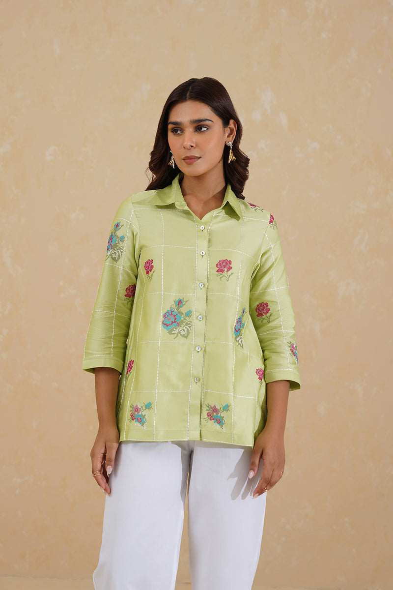 Green Embroidered Top with Linen Pants