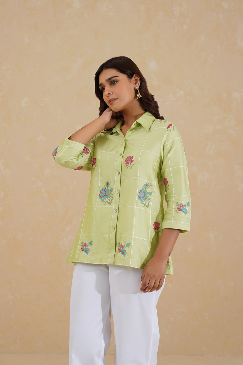 Green Embroidered Top with Linen Pants