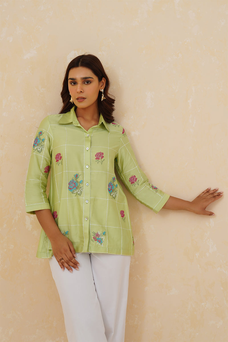 Green Embroidered Top with Linen Pants