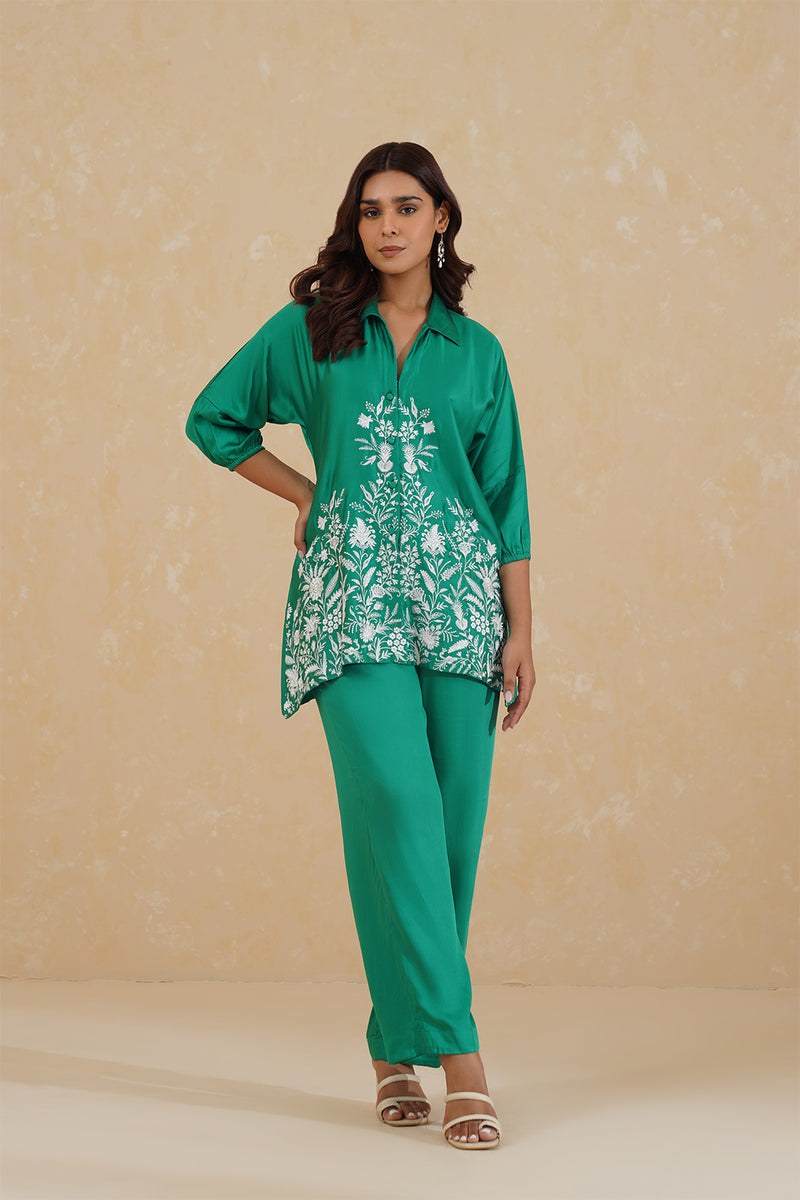 Emerald Green Embroidered co-ord Set- Inchingindia