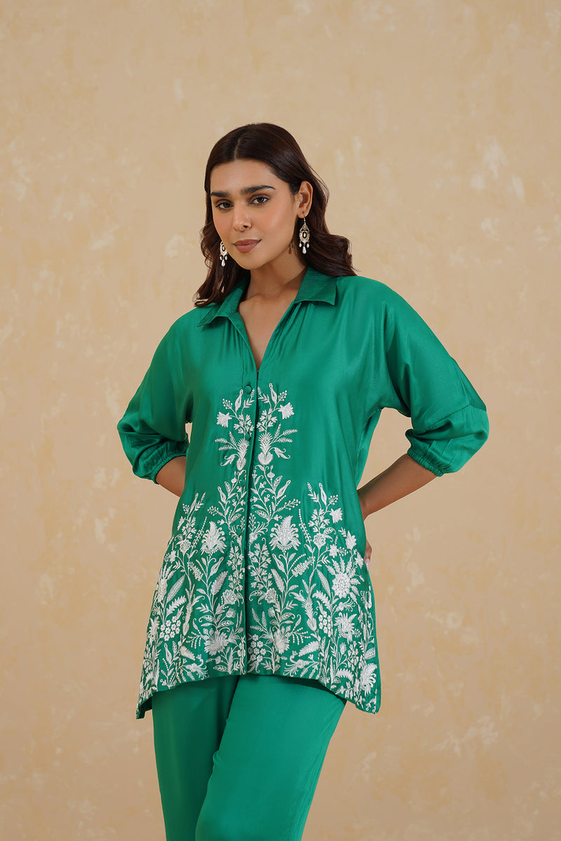 Emerald Green Embroidered co-ord  Set- Inchingindia