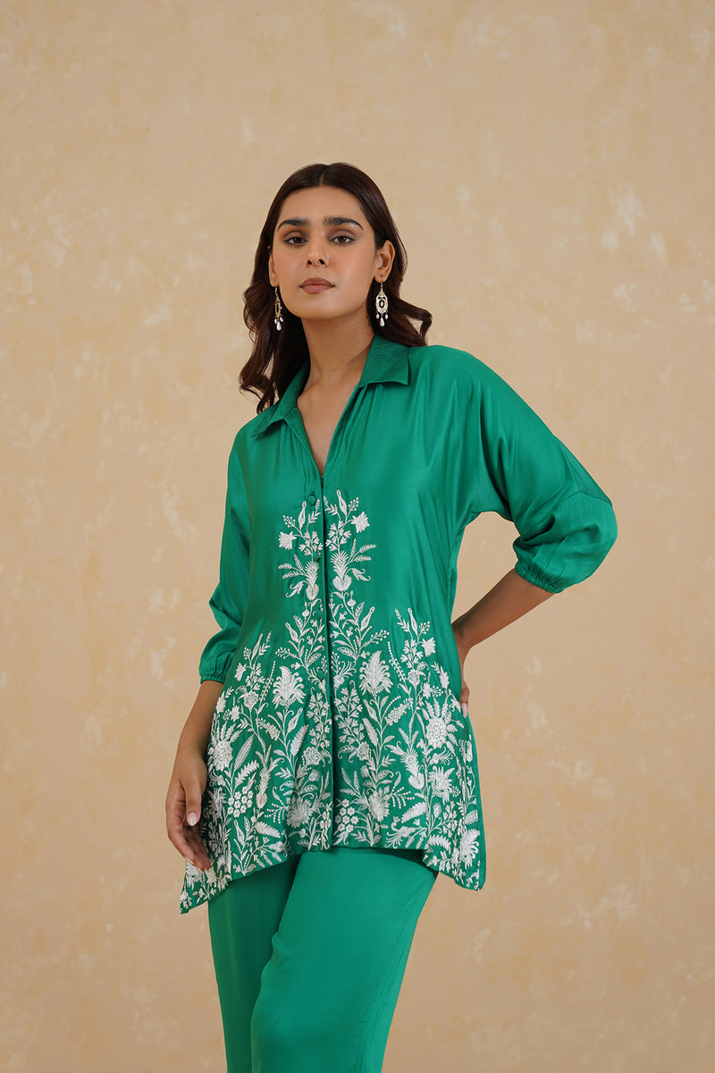 Emerald Green Embroidered co-ord Set- Inchingindia